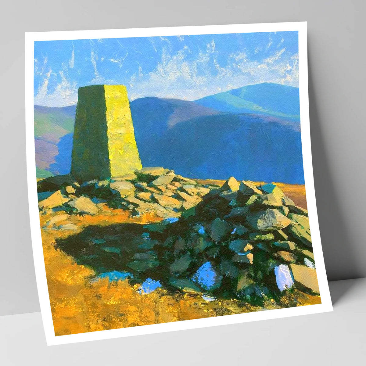 Sunlit Binsey Summit Trig Pillar lake district fell art print