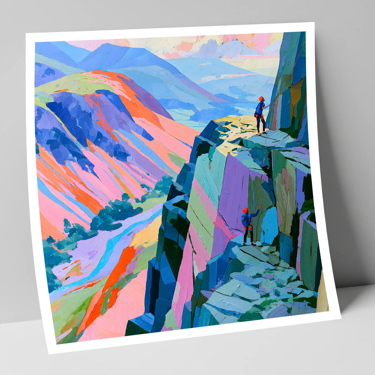 Rock Climbers on Vibrant Crag lake district walking art print