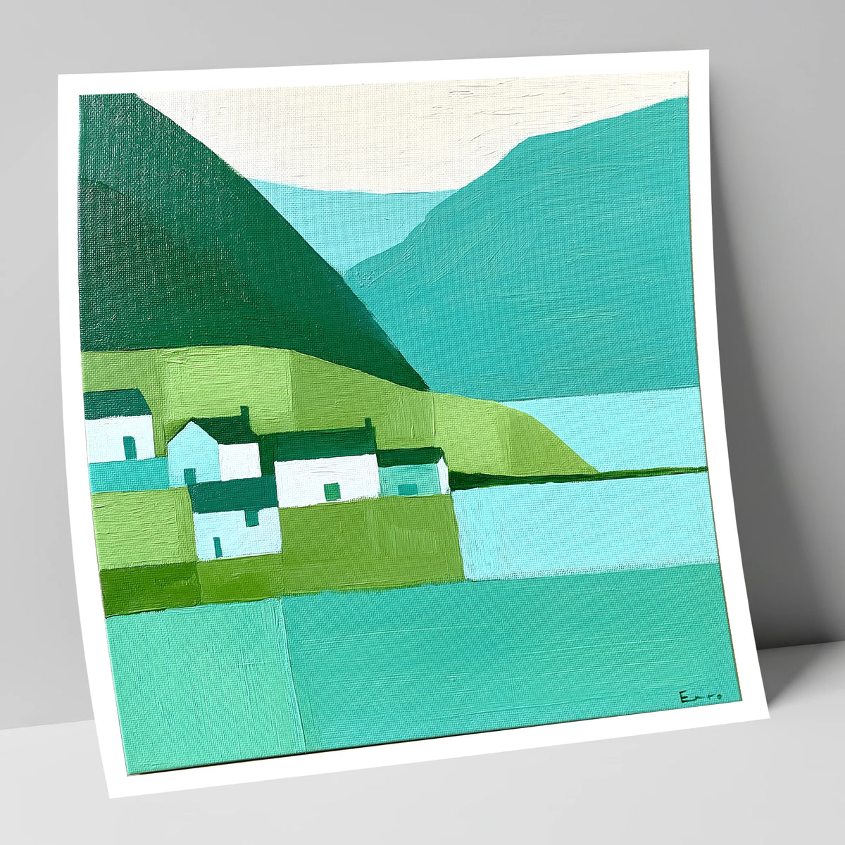 Modern Teal Lakeside Village lake district village art print