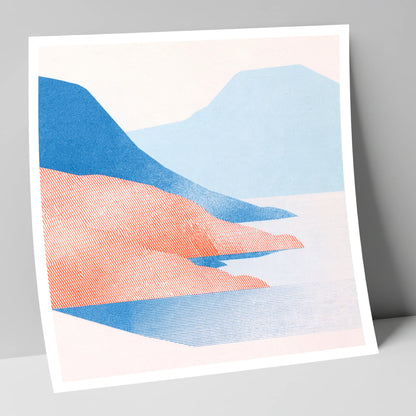 Coniston Water in Coral and Blue lake district lake art print