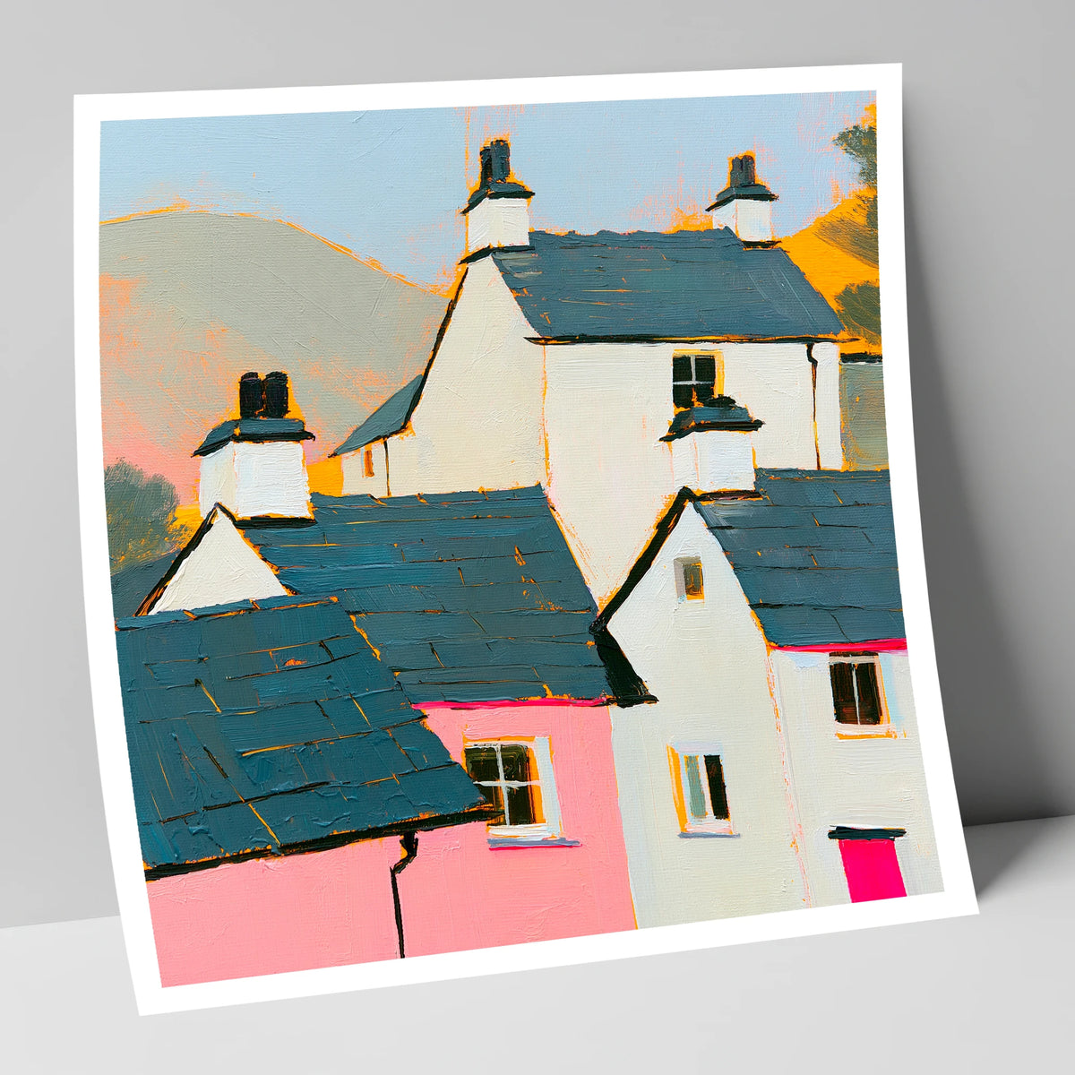 Vibrant Slate Roofed Cottages lake district village art print