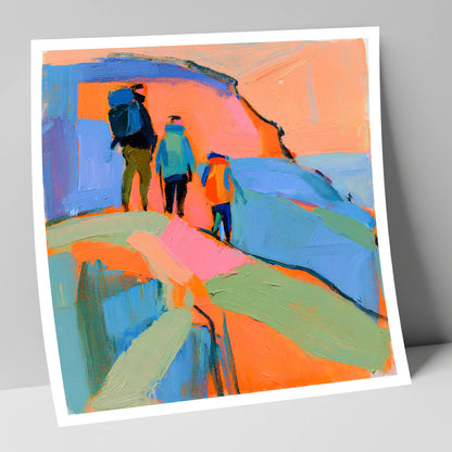 Abstract Hikers on a Fell lake district fell art print