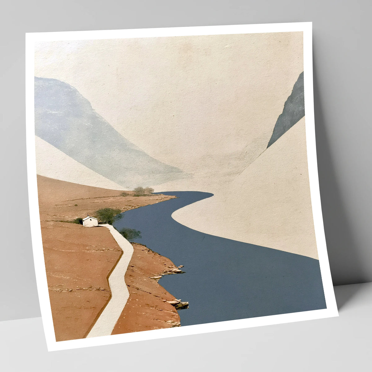 Winding Blue Lake and White Cottage lake district lake art print