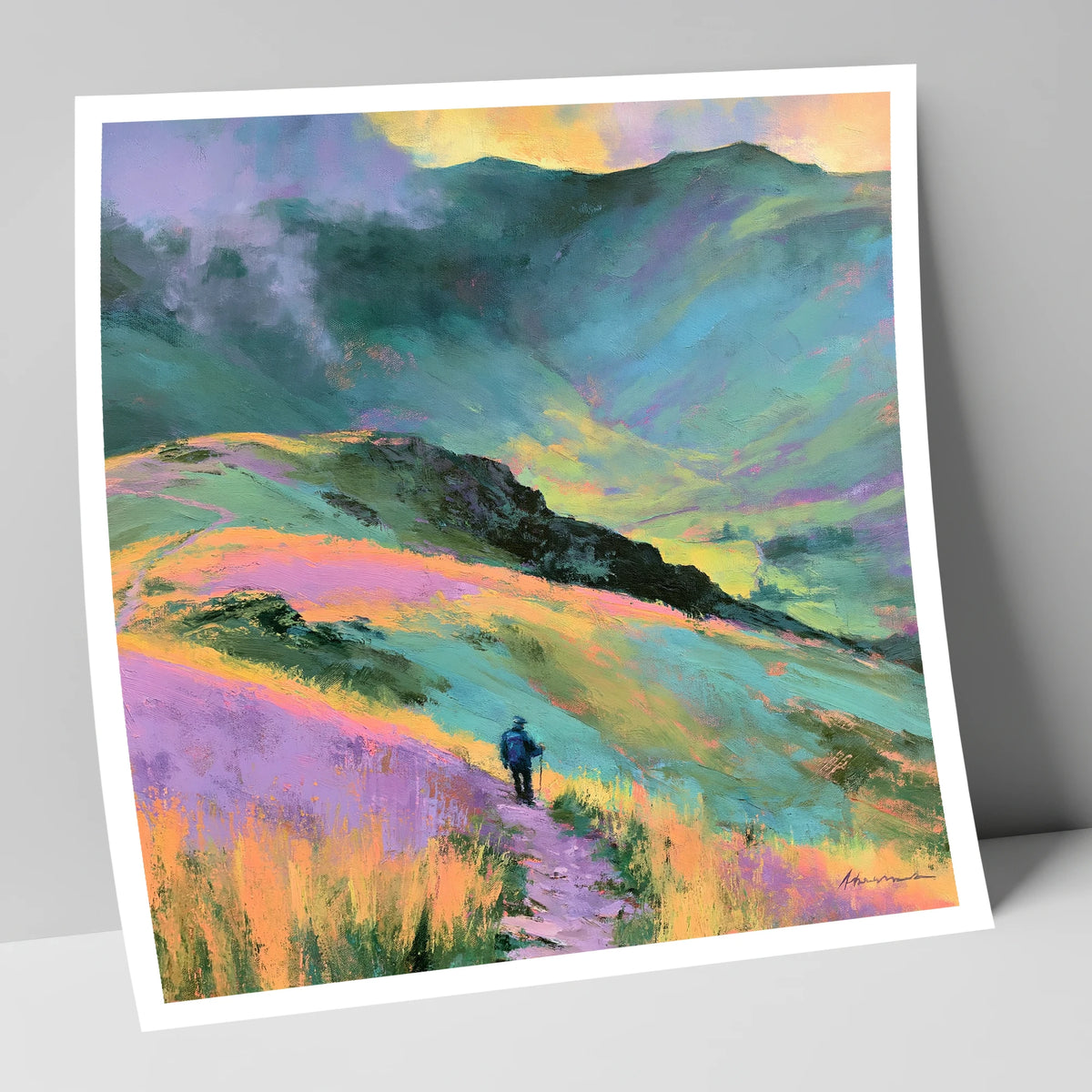 Lone Hiker on Pastel Fells lake district walking art print