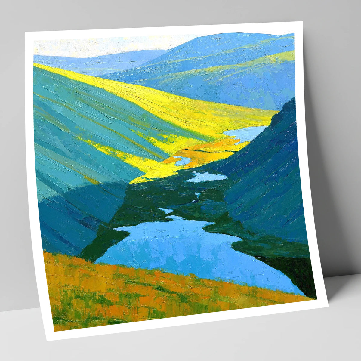 Sunlit Fells over Deep Blue Tarns lake district fell art print