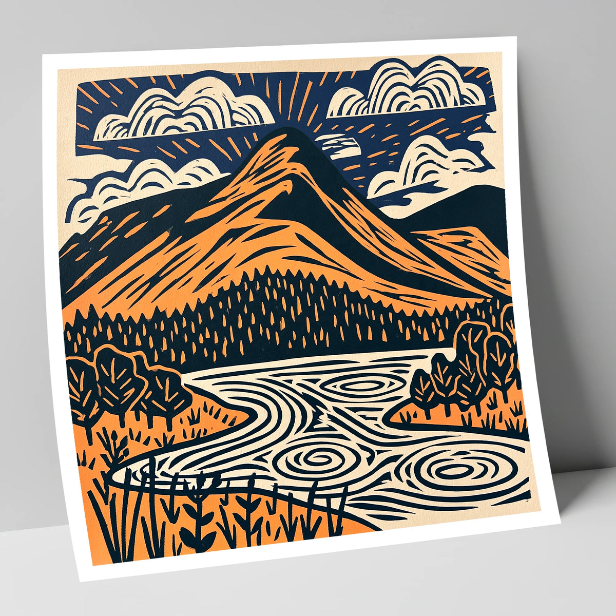 Catbells in Terracotta and Navy lake district fell art print