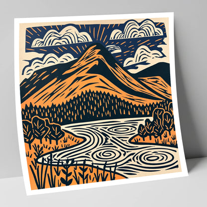 Catbells in Terracotta and Navy lake district fell art print