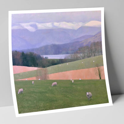 Hawkshead Pastures and Snowy Fells lake district village art print