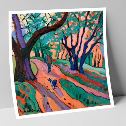 Vibrant Ambleside Woodland Dog Walk gifts for dog walkers art print