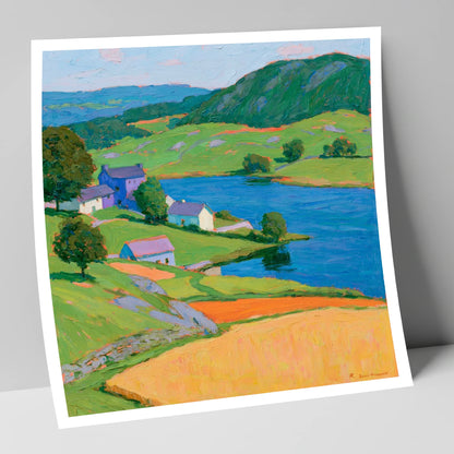 Vibrant Village on the Lakeshore lake district village art print