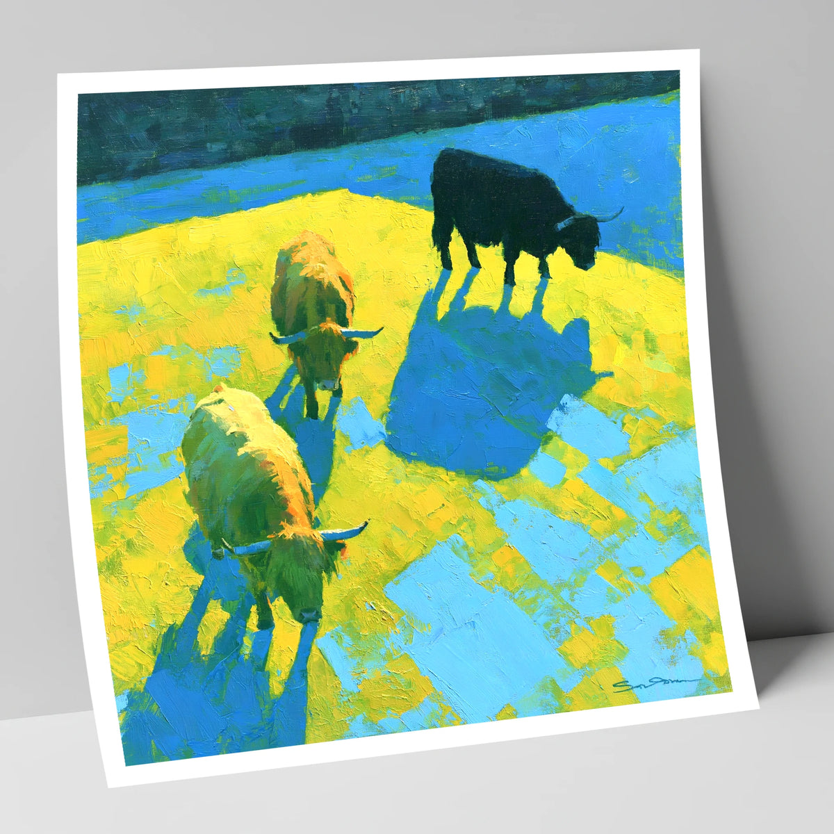 Vibrant Highland Cattle in Summer Light lake district wildlife art print