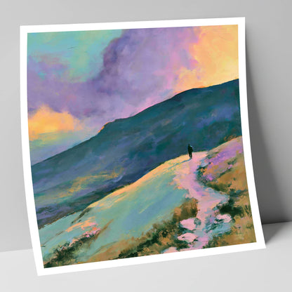 Lone Hiker Under Pastel Skies lake district walking art print