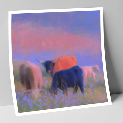 Highland Cattle in Pink Twilight lake district wildlife art print