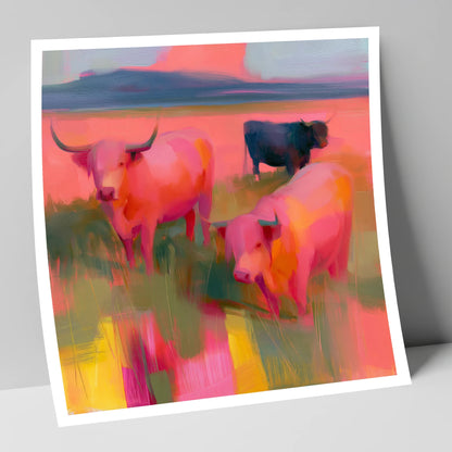 Pink Highland Cattle Grazing lake district wildlife art print