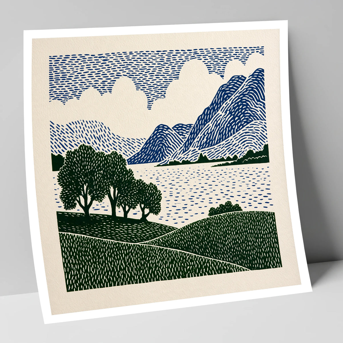Crummock Water in Navy and Green lake district lake art print