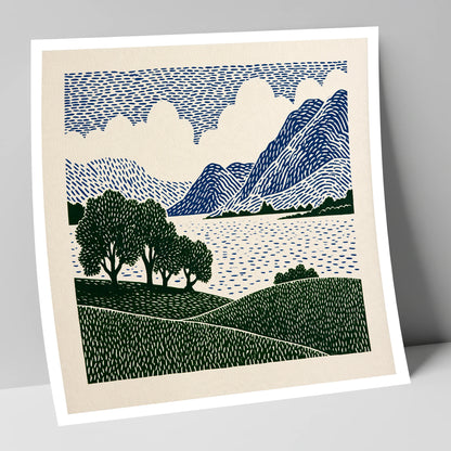 Crummock Water in Navy and Green lake district lake art print
