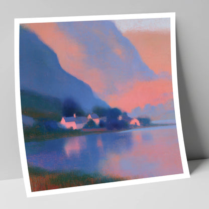 Lakeside Hamlet Beneath Indigo Fells lake district village art print