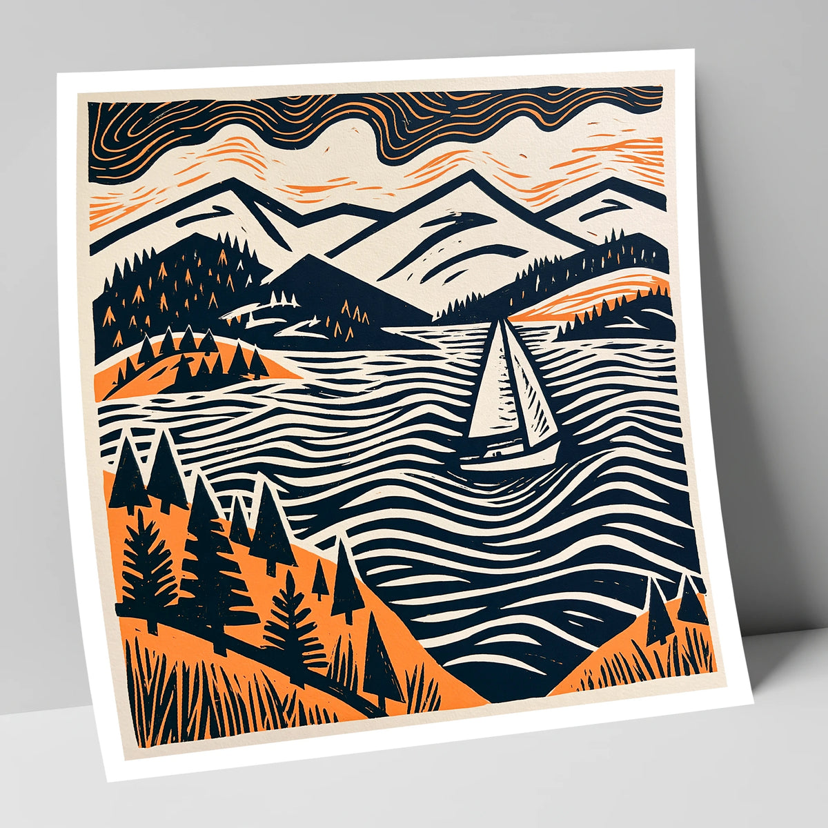 Windermere Sailboat in Terracotta and Navy lake district lake art print