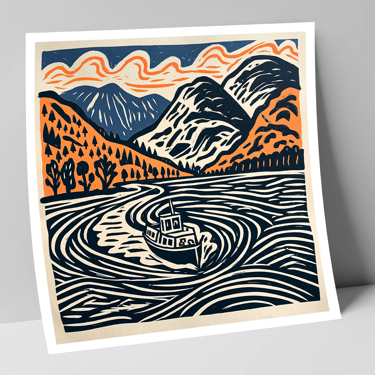 Ullswater Steamer in Terracotta and Navy lake district lake art print