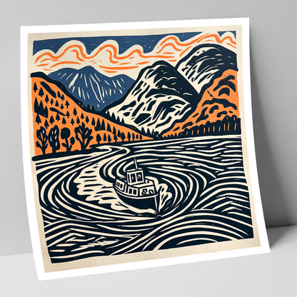 Ullswater Steamer in Terracotta and Navy lake district lake art print