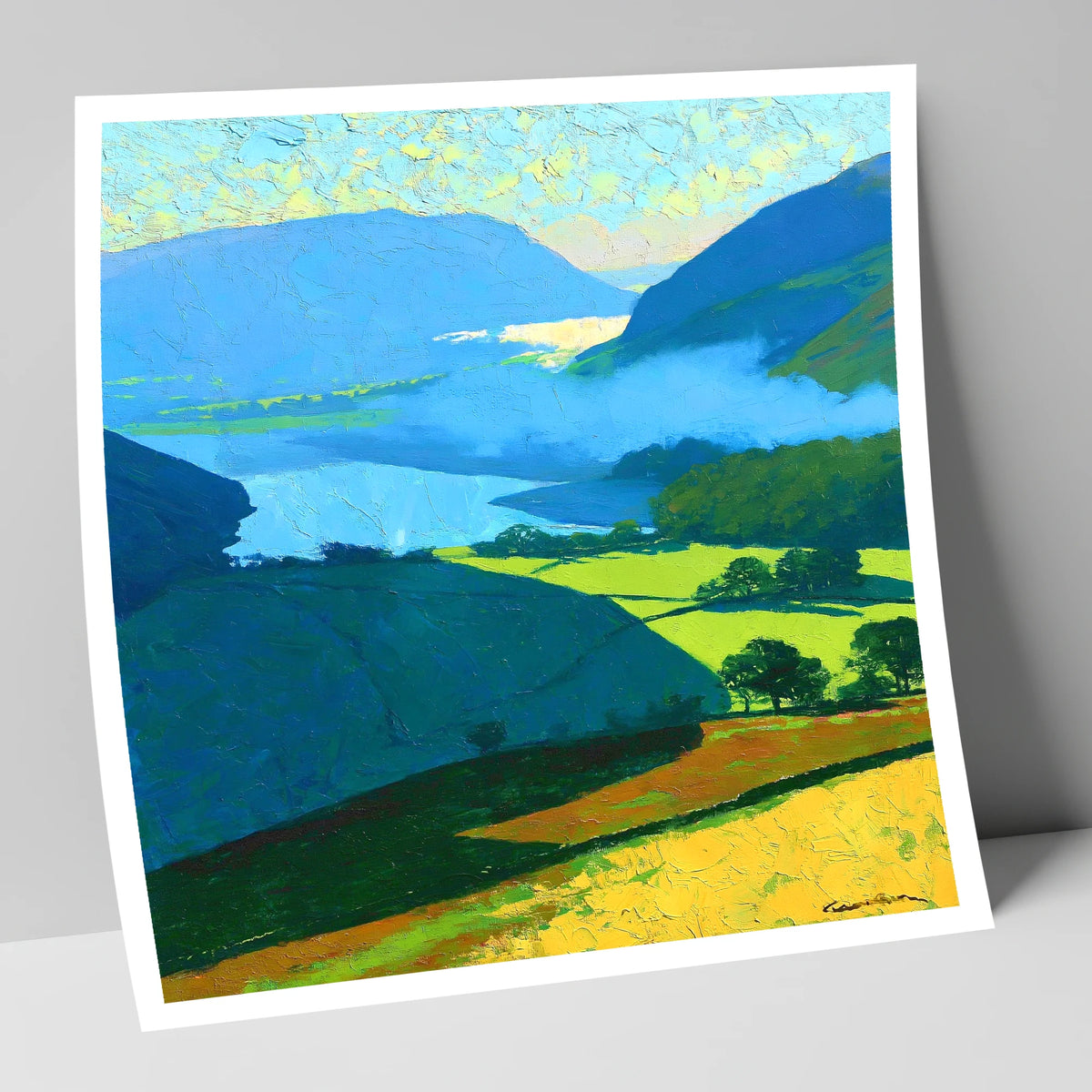 Misty Valley and Sunlit Lakeland Fields lake district sky art print