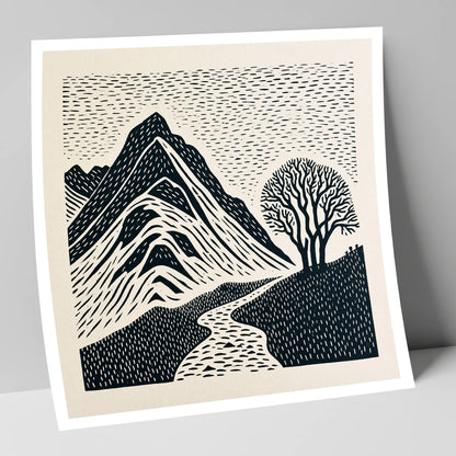 Graphic Bowfell and Lone Tree lake district fell art print