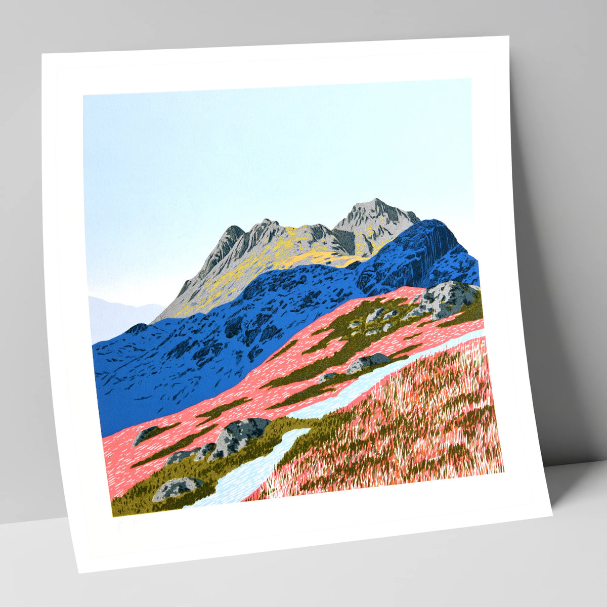 Langdale Pikes in Vivid Coral lake district fell art print