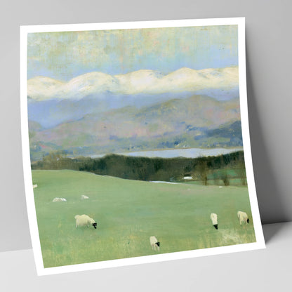 Hawkshead Pastures and Snow-Capped Fells lake district village art print