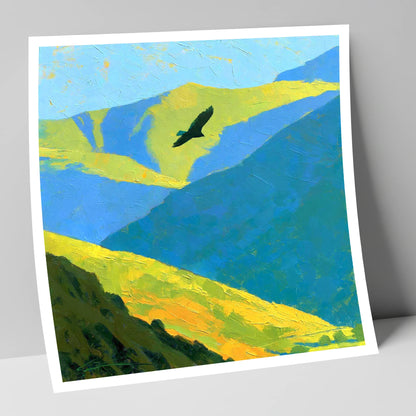 Soaring Bird of Prey Over Sunlit Fells lake district wildlife art print