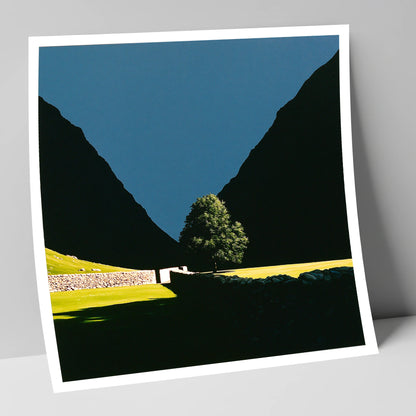 Sunlit Tree Between Silhouetted Fells lake district valley art print