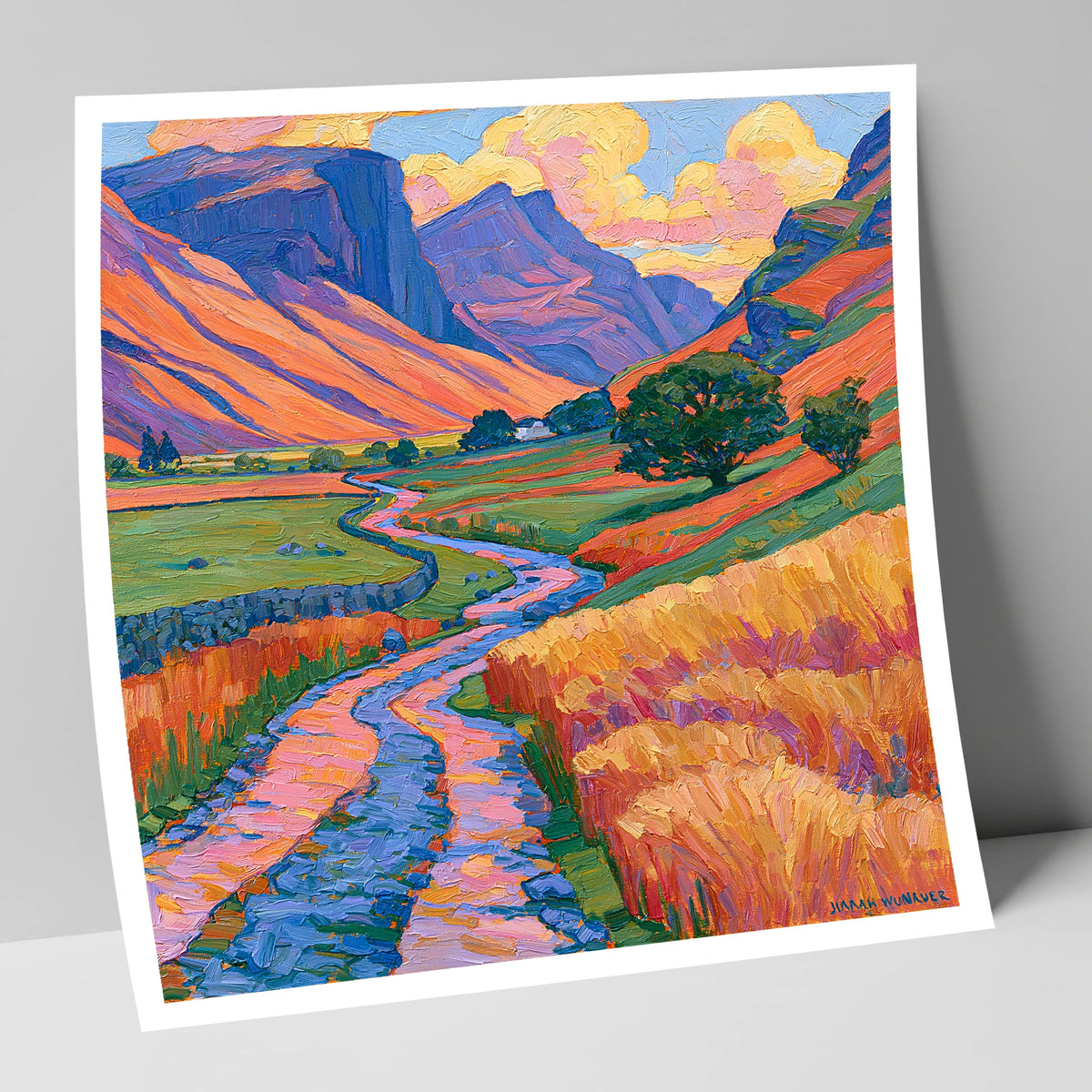 Sunlit Fell Side and Winding Beck lake district valley art print