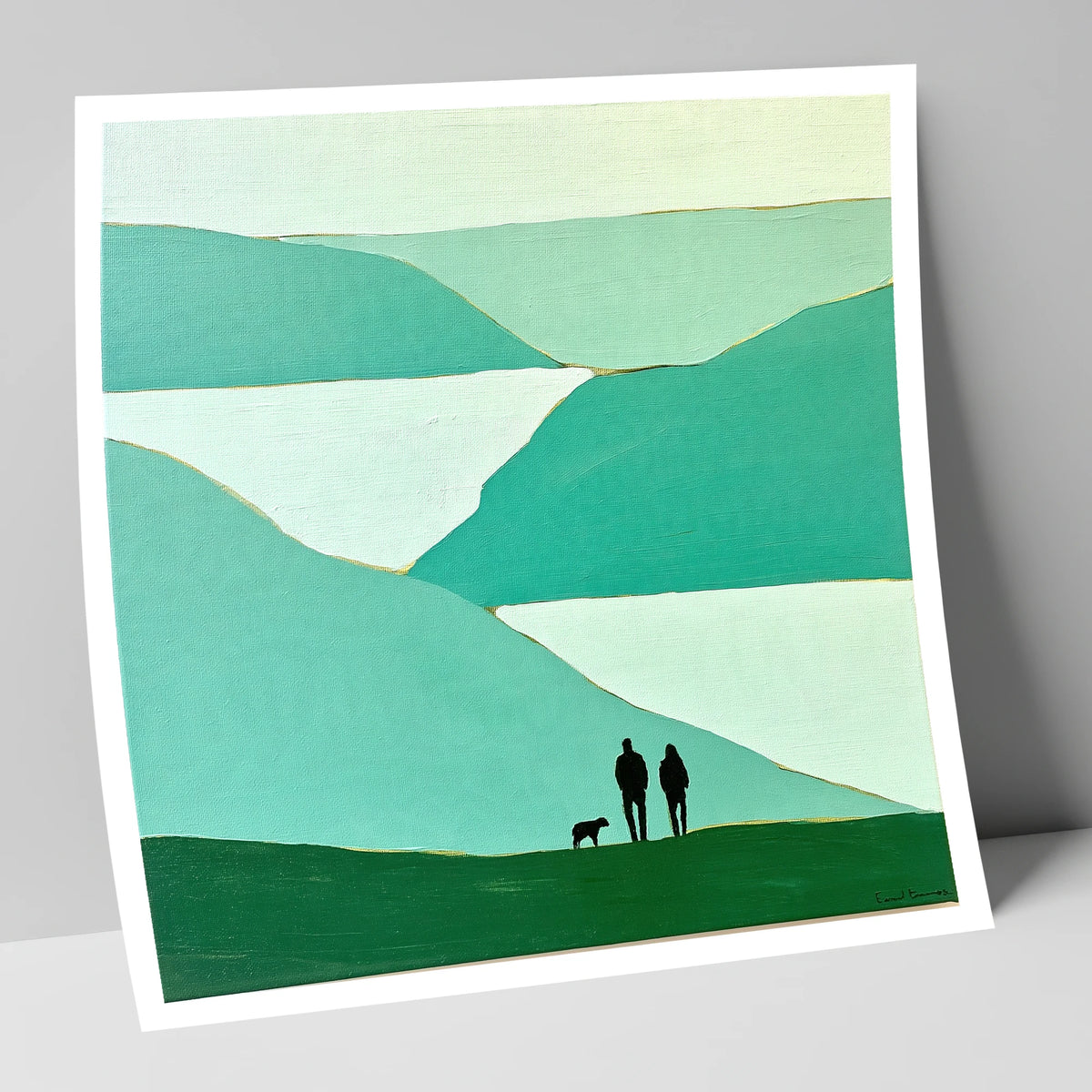 Glenridding Walkers in Teal Fells gifts for dog walkers art print