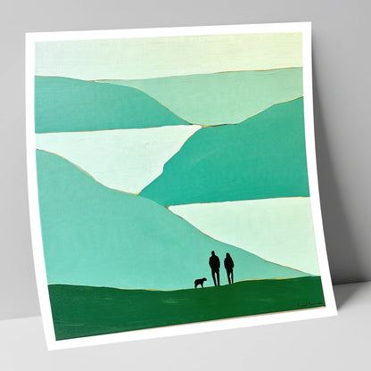 Glenridding Walkers in Teal Fells gifts for dog walkers art print