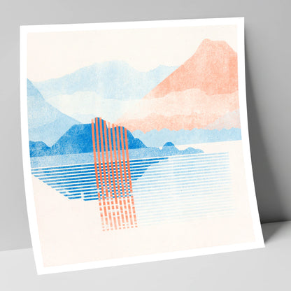 Geometric Derwentwater in Coral and Blue lake district lake art print