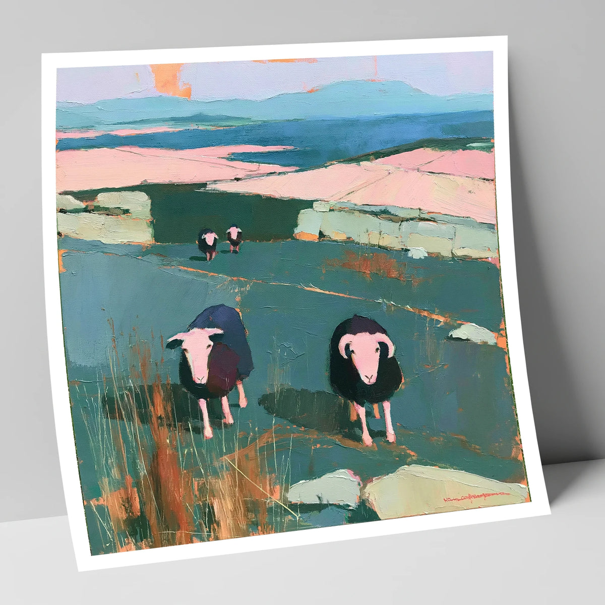 Herdwick Sheep on a Teal Fellside lake district wildlife art print