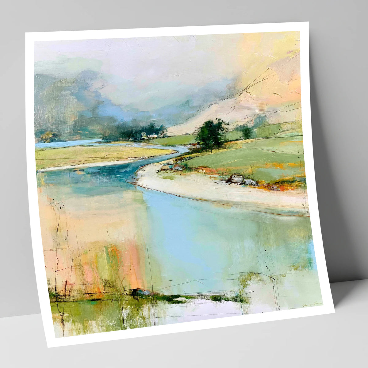 Winding River Valley in Pastel lake district waterfall art print