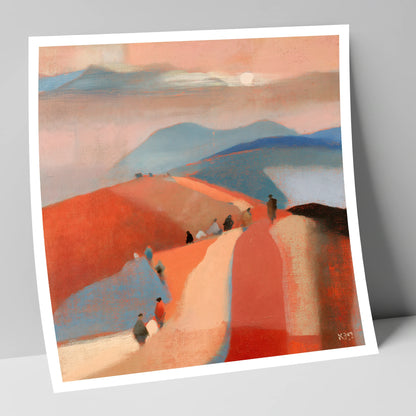 Walkers on a Sunset Mountain Path lake district walking art print