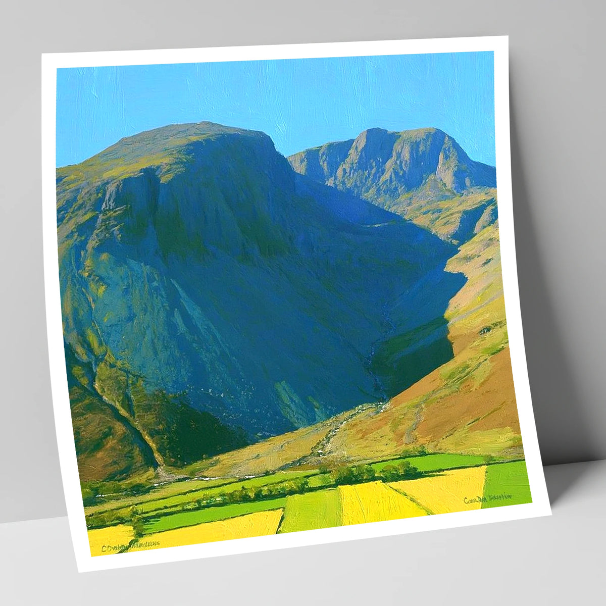 Sunlit Scafell Peaks and Ravine lake district fell art print