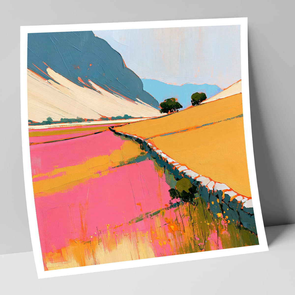 Bold Pink Valley Drystone Wall lake district valley art print