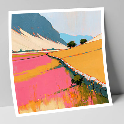Bold Pink Valley Drystone Wall lake district valley art print