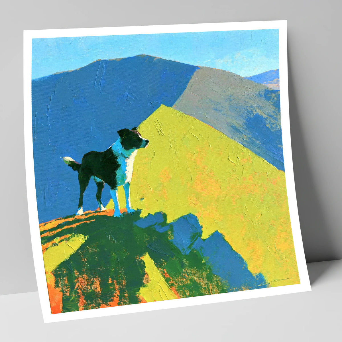Vibrant Dog on Skiddaw Summit gifts for dog walkers art print