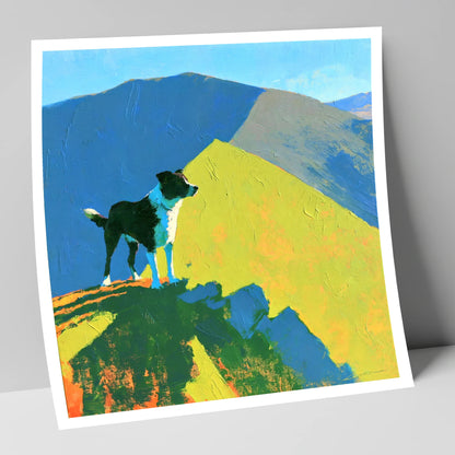 Vibrant Dog on Skiddaw Summit gifts for dog walkers art print