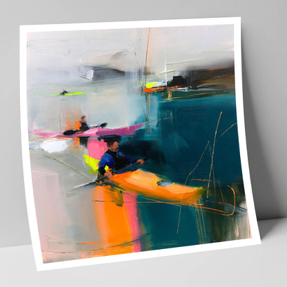Vibrant Kayaks on Teal Water lake district walking art print