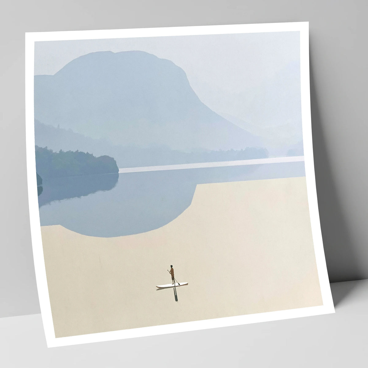 Paddleboarding Under Misty Blue Fells lake district walking art print