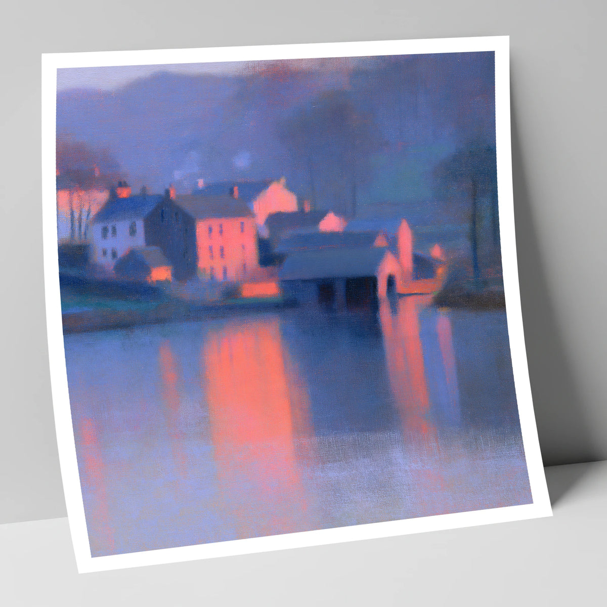 Lakeside Village in Pink Twilight lake district village art print