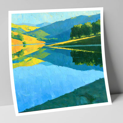 Sunlit Fells Mirrored in Blue Water lake district lake art print