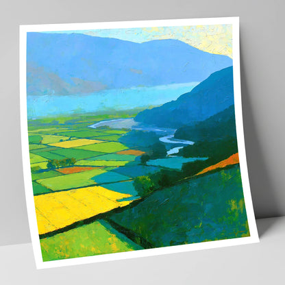 Sunlit Valley Fields and Winding River lake district sky art print