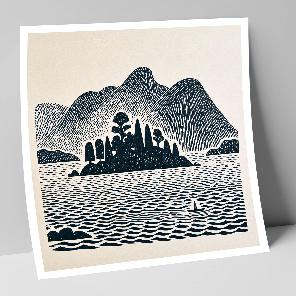 Derwentwater Island in Deep Navy lake district lake art print