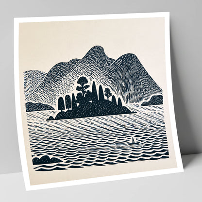 Derwentwater Island in Deep Navy lake district lake art print