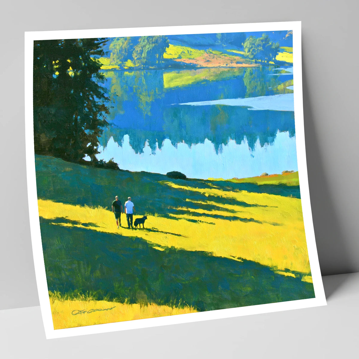 Sunlit Dog Walkers at Tarn Hows gifts for dog walkers art print